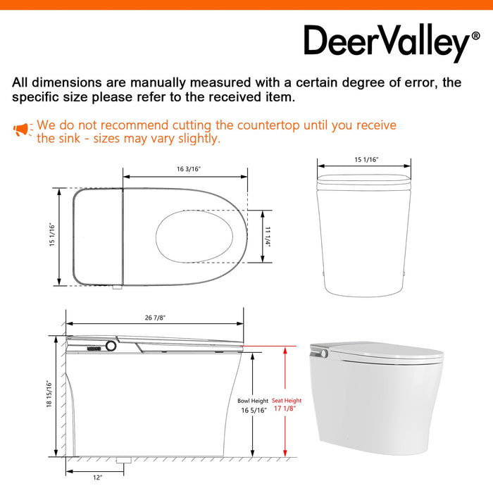 DeerValley DV-1S0371 Smart Toilet with ADA Height, Child-Friendly Wash Mode, Foam Shield, 1000 MAP Powerful Flush, Warm Water Cleansing, No Water Pressure Limit — One-Piece Design for Modern Bathrooms