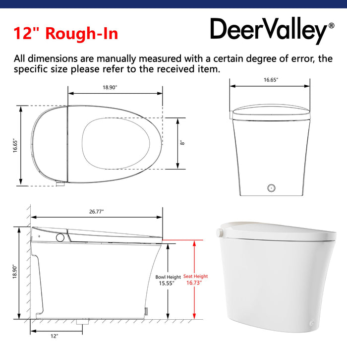 DeerValley Tankless Smart Toilet,Off-seat Auto Flush,Foot Kick Flush,Night Light,Modern Elongated Toilet with Warm Water,DV-1S0150/DV-1S0150-V3