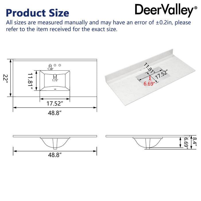 48.8" Rectangular Vanity Top Sink, Overflow Hole