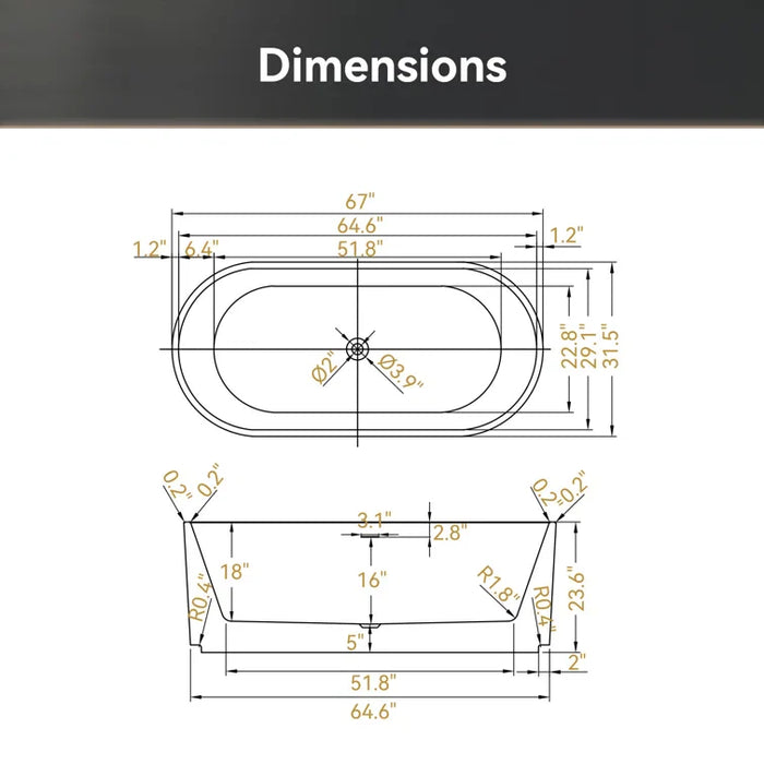 HOROW 2 Person Bathtub 67 inch Freestanding Tub Model TU67-MB