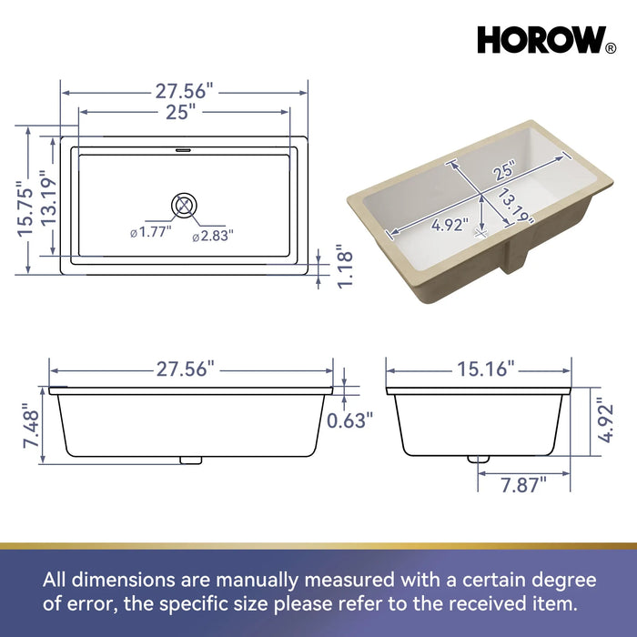 HOROW Rectangular Undermount Bathroom Sink 27 Inch Undermount Sink Model HWTP-S7040D