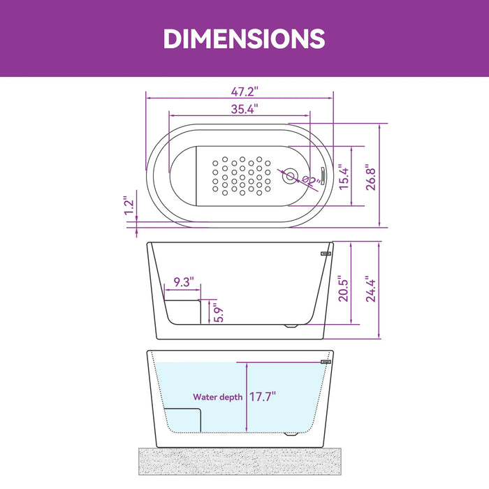Black Acrylic Bathtub with Overflow and Left Drain Model TU47B