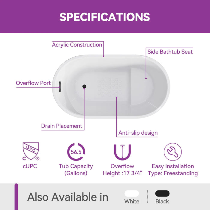 Black Acrylic Bathtub with Overflow and Left Drain Model TU47B