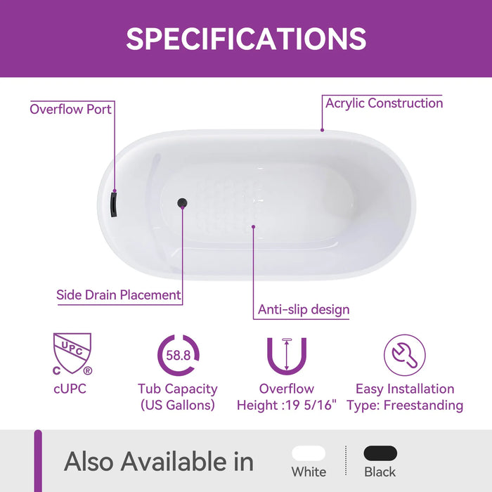 Matte Black Bathtub with Acrylic and Side Drain Model TU59B