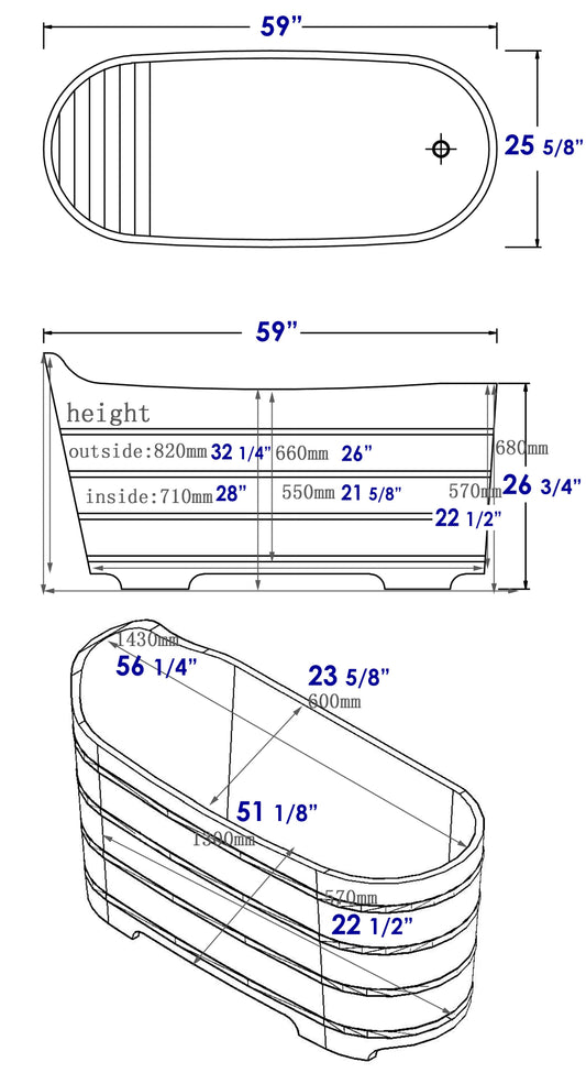 ALFI brand AB1103 59 Inch Free Standing Cedar Wood Bathtub with Bench