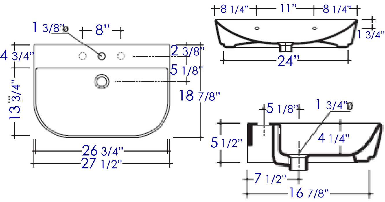 ALFI brand AB112 28" White D-Bowl Porcelain Wall Mounted Bath Sink