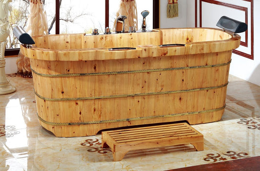 ALFI brand AB1130 65" 2 Person Free Standing Cedar Wooden Bathtub with Fixtures & Headrests