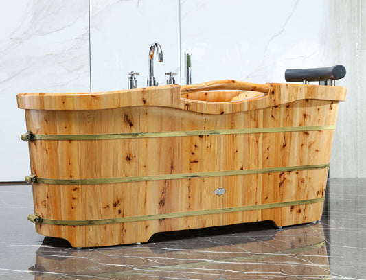 ALFI brand AB1136 61'' Free Standing Cedar Wooden Bathtub with Tub Filler