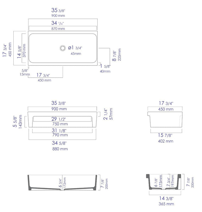 ALFI brand AB36TR 36" White Above Mount Fireclay Bath Trough Sink