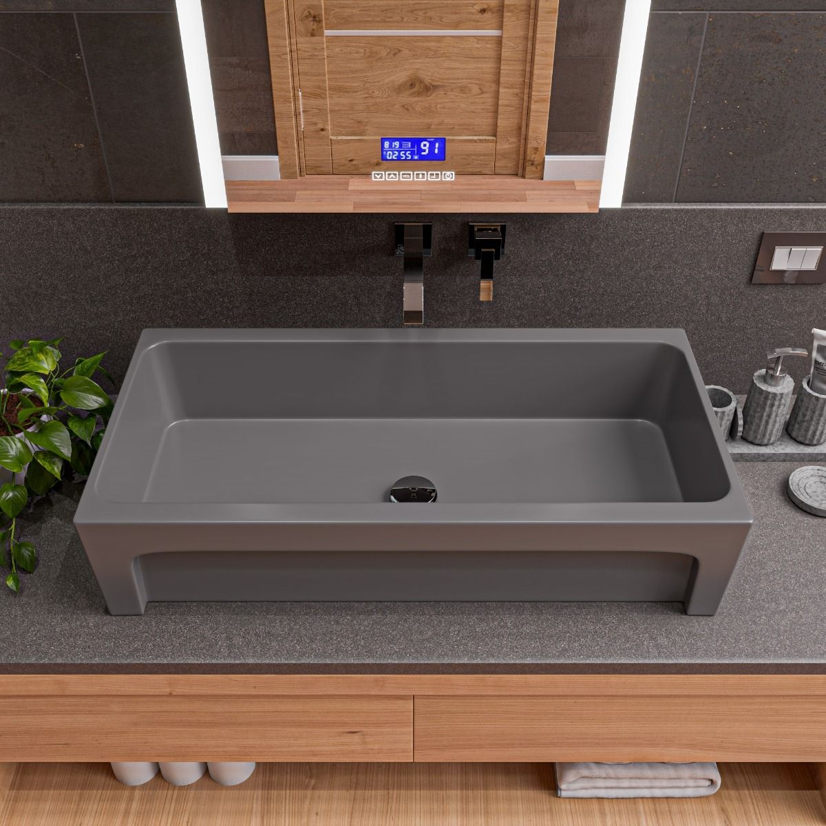 ALFI brand AB36TRGM 36" Grey Matte Above Mount Fireclay Bathroom Trough Sink