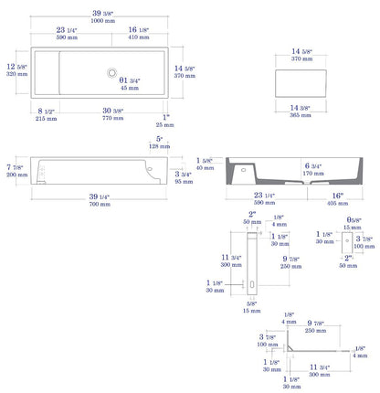 ALFI brand AB39TRGM 39" Grey Matte Above Mount Fireclay Bathroom Trough Sink