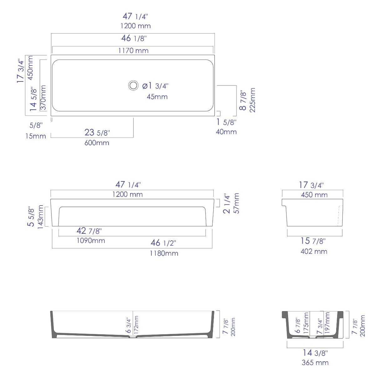 ALFI brand AB48TRGM 48" Grey Matte Above Mount Fireclay Bathroom Trough Sink