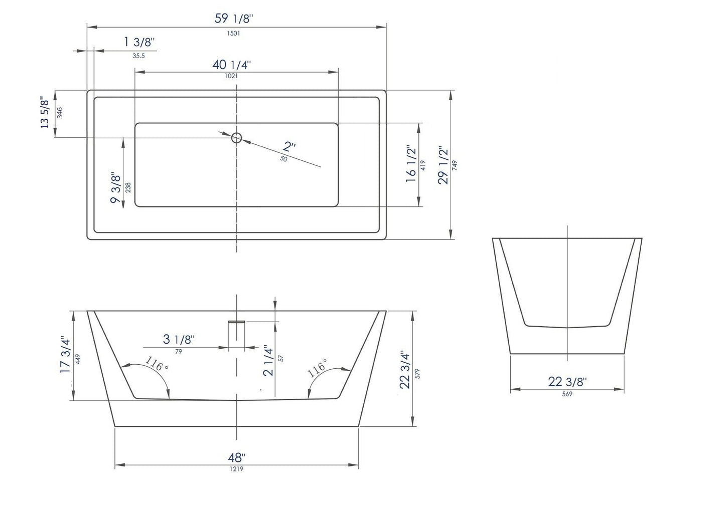 ALFI brand AB8834 59 Inch Black & White Rectangular Acrylic Soaking Bathtub
