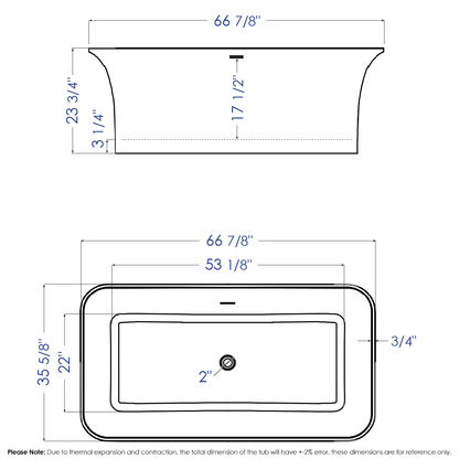 ALFI brand AB9942 67" White Rectangular Solid Surface Smooth Resin Soaking Bathtub