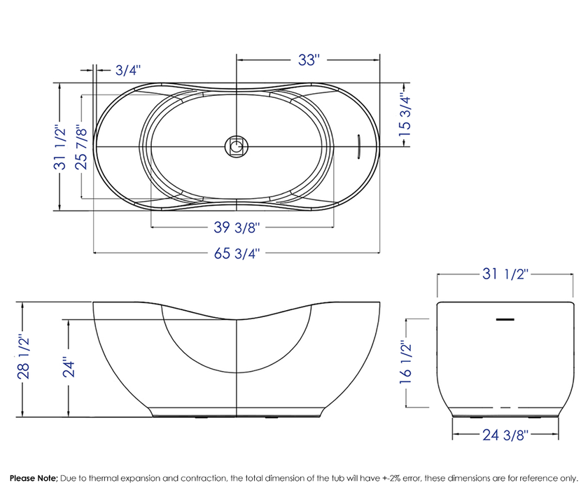 ALFI brand AB9949 66" White Solid Surface Smooth Resin Soaking Bathtub