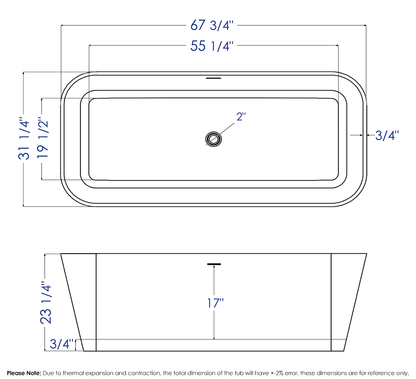 ALFI brand AB9952 67" White Rectangular Solid Surface Smooth Resin Soaking Bathtub