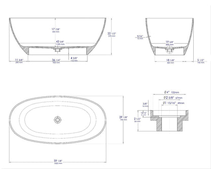 ALFI brand AB9975BM 59" Black & White Matte Oval Solid Surface Resin Soaking Bathtub