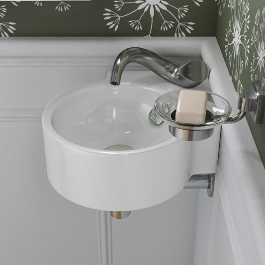 ALFI brand ABC121 White 17" Tiny Corner Wall Mounted Ceramic Sink with Faucet Hole