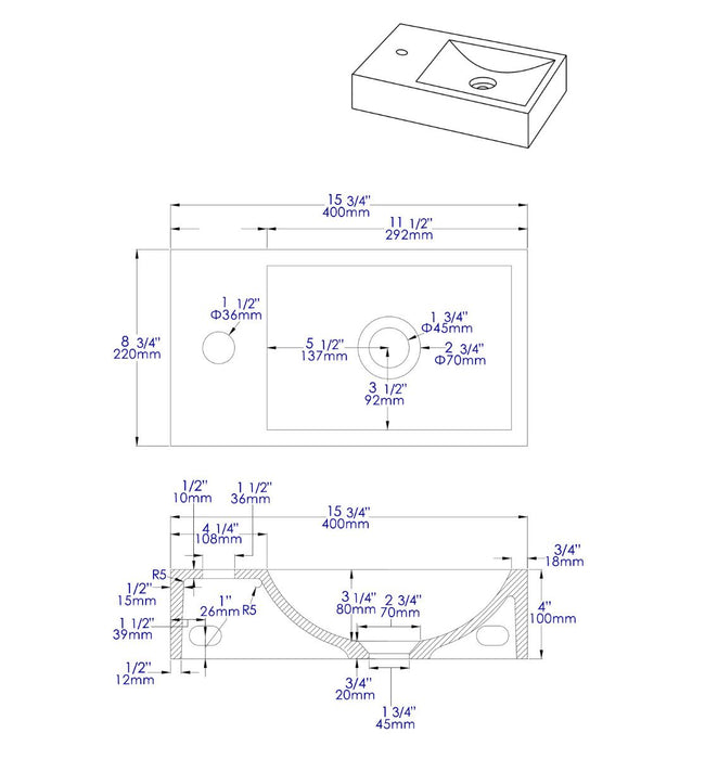 ALFI brand ABCO108 16" Small Rectangular Solid Concrete Gray Matte Wall Mounted Bathroom Sink
