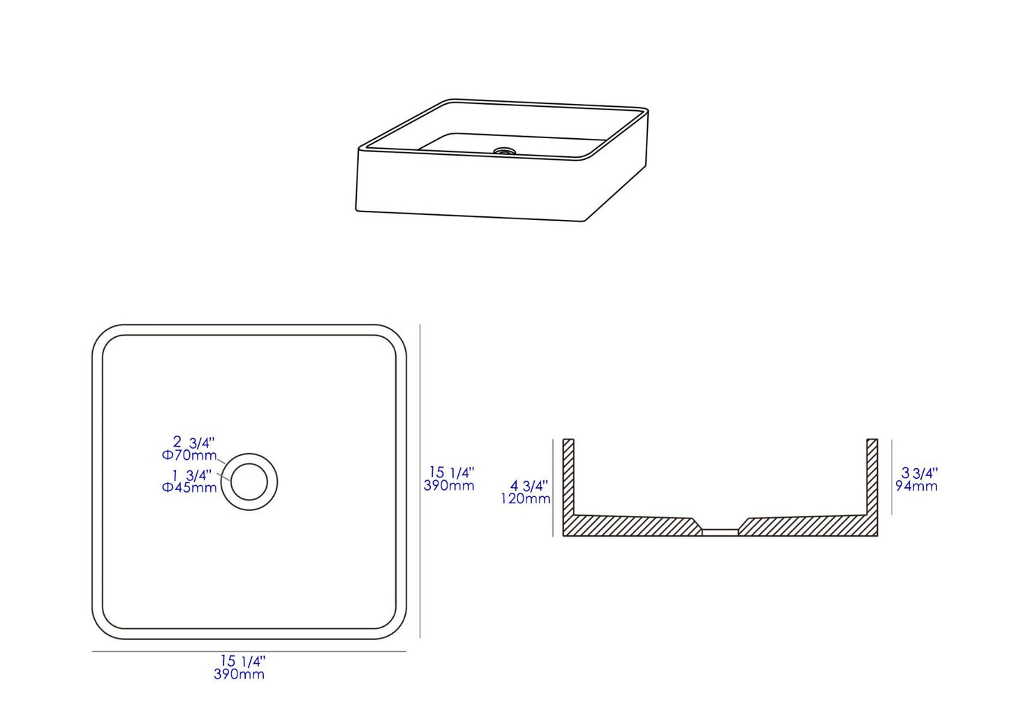 ALFI brand ABCO16S 16" Square Solid Concrete Gray Matte Above Mount Bathroom Sink