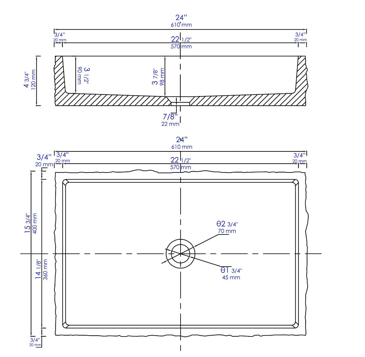 ALFI brand ABCO24R 24" Solid Concrete Chiseled Style Above Mount Vessel Sink