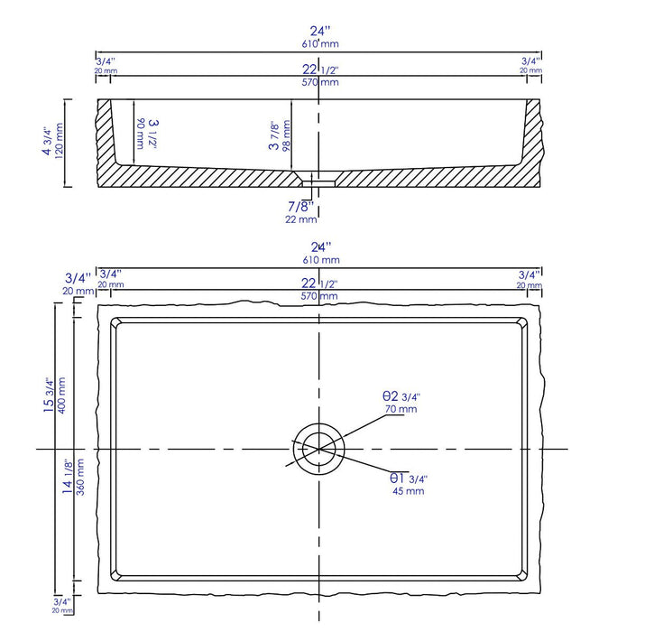 ALFI brand ABCO24R 24" Solid Concrete Chiseled Style Above Mount Vessel Sink