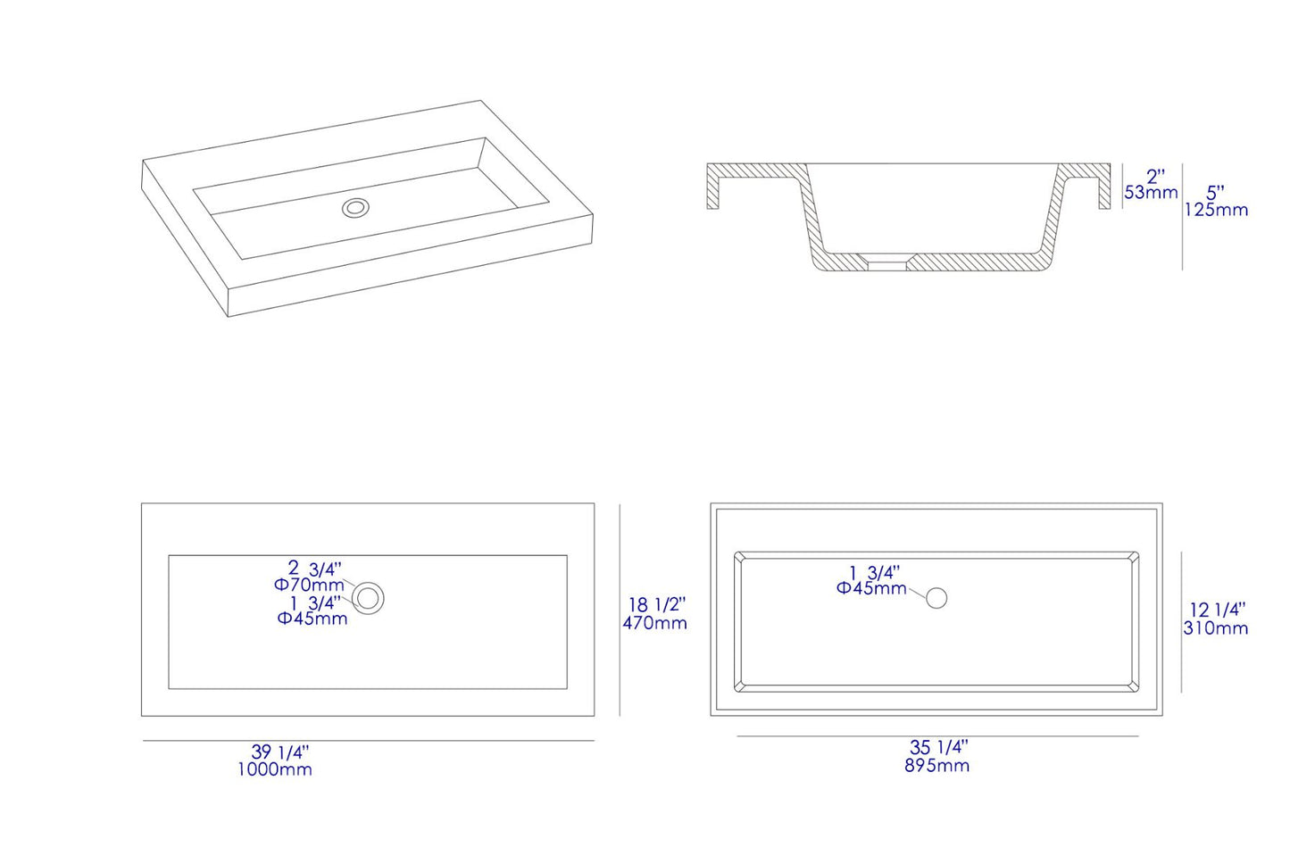 ALFI brand ABCO40TR 40" Solid Concrete Gray Matte Trough Sink for the Bathroom