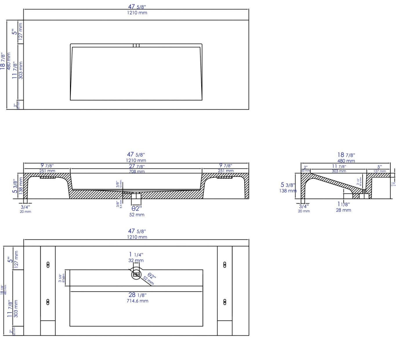 ALFI brand ABCO48R 48" Solid Concrete Rectangular Countertop Sink