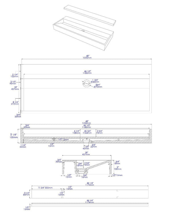 ALFI brand ABCO48TR 48" Solid Concrete Gray Matte Trough Sink for the Bathroom