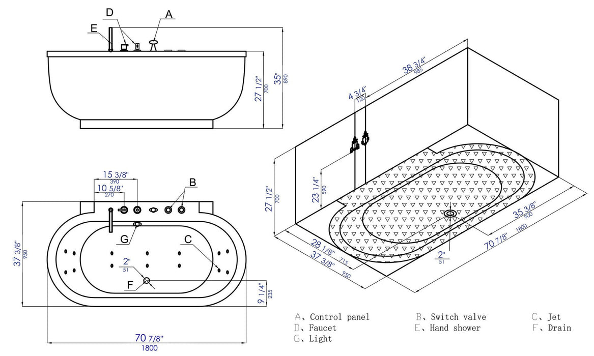 EAGO AM128ETL 6 ft Acrylic White Whirlpool Bathtub With Fixtures