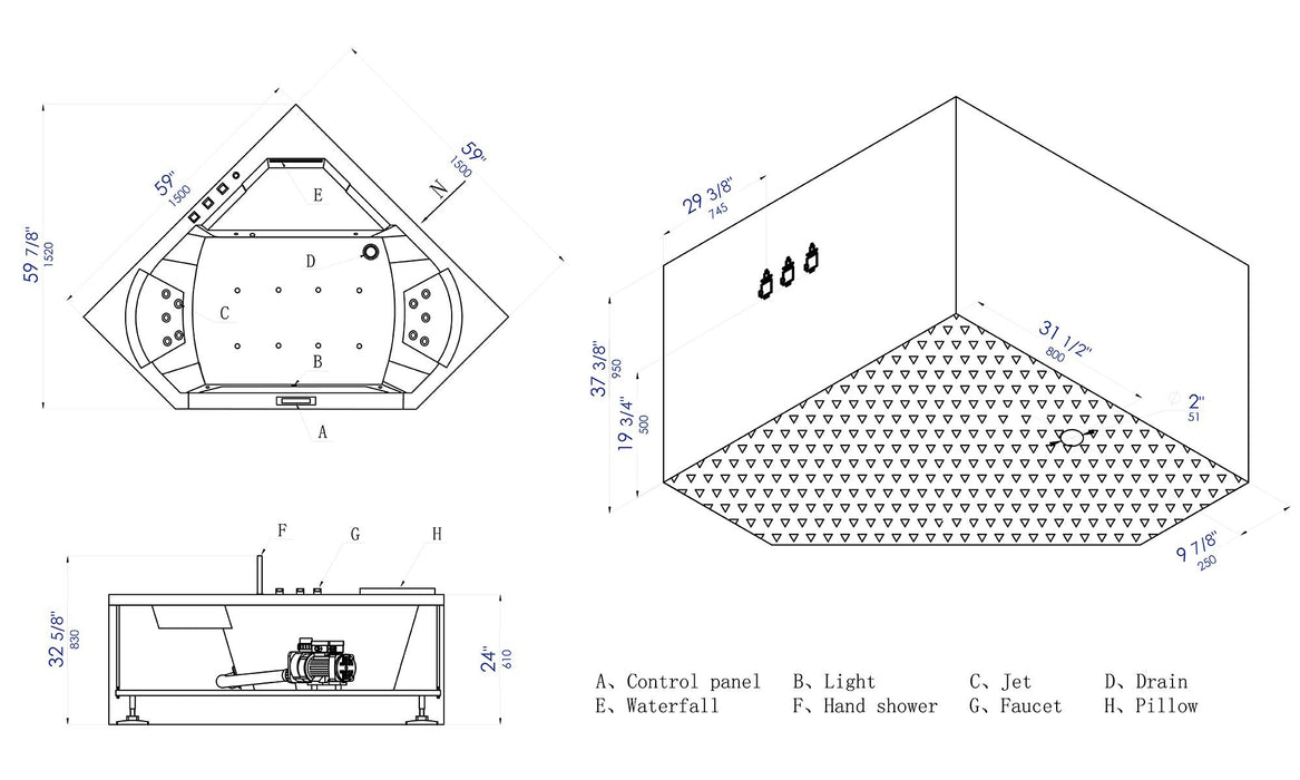 EAGO AM156ETL 5 ft Clear Corner Acrylic Whirlpool Bathtub for Two