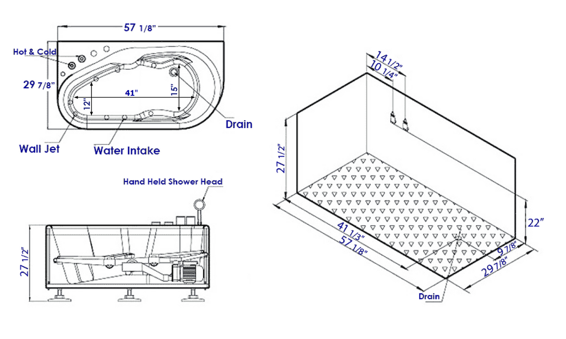 EAGO AM175-L 57'' White Acrylic Jetted Whirlpool Bathtub W/ Fixtures