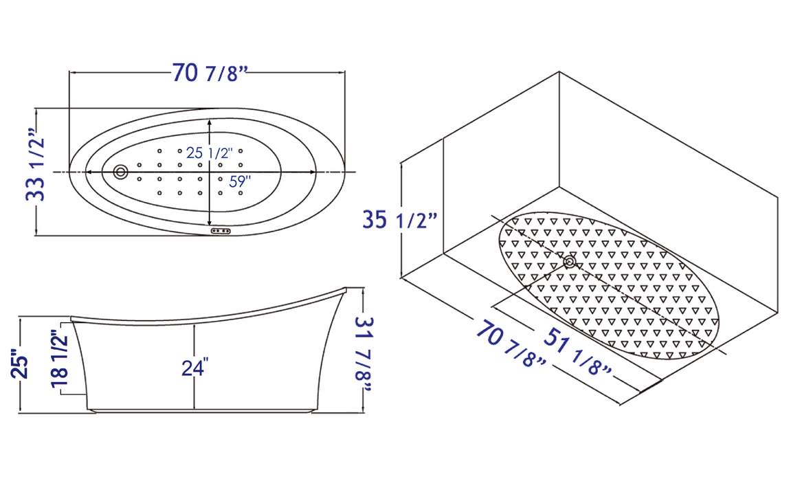 EAGO AM1800 70" White Free Standing Oval Air Bubble Bathtub