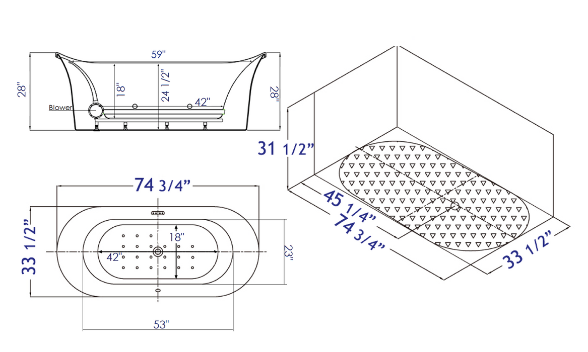 EAGO AM1900 74" White Free Standing Oval Air Bubble Bathtub