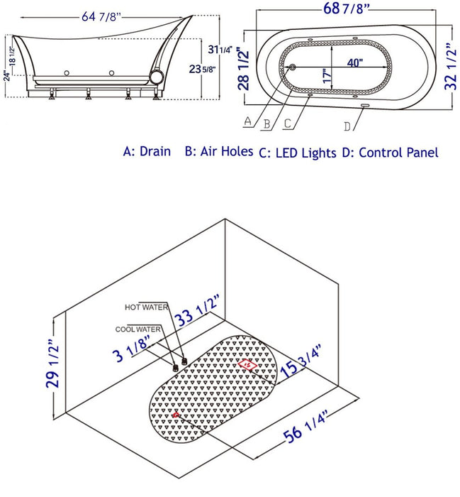 EAGO AM2140 68" White Free Standing Oval Air Bubble Bathtub