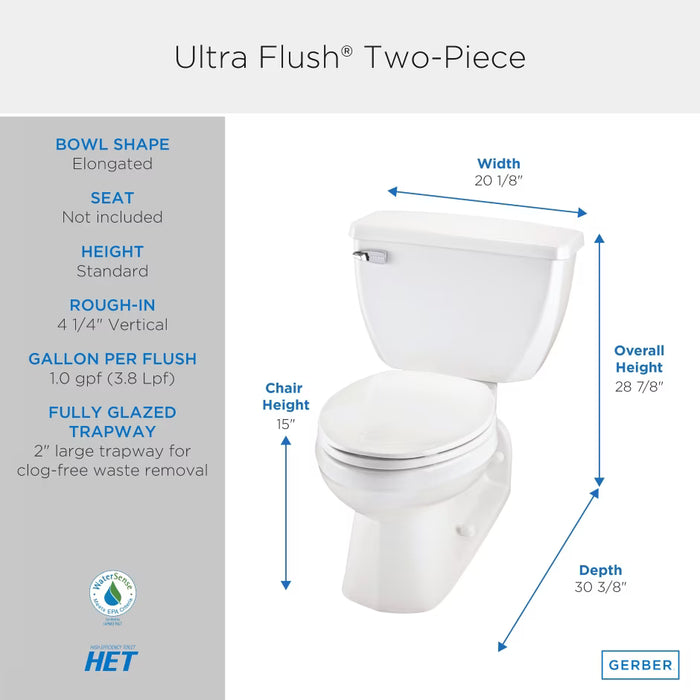 Ultra Flush® 1.0 gpf 4 1/4" Vertical Rough-In Two-Piece Back Outlet Elongated Toilet
