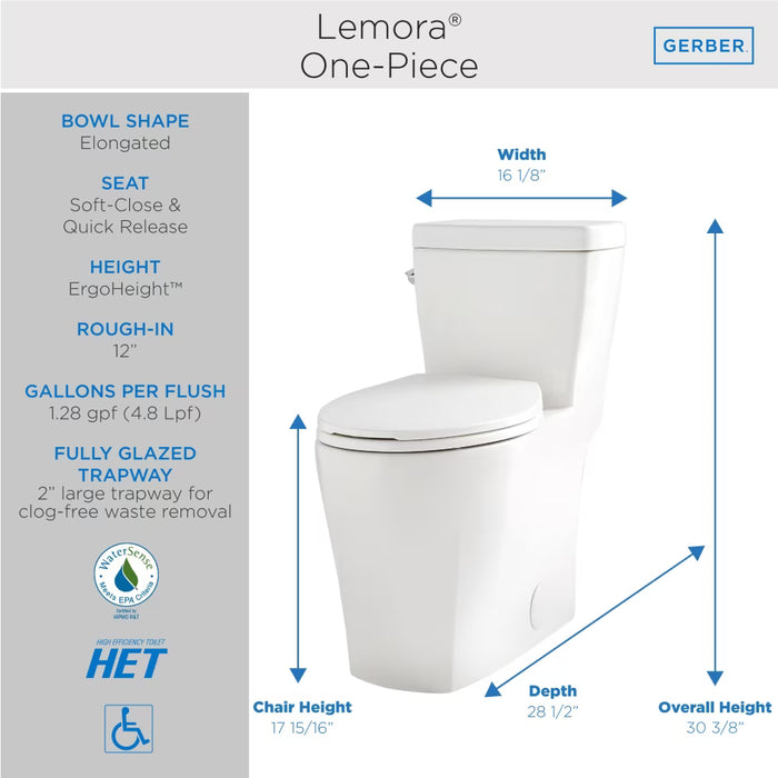 Lemora® 1.28gpf 12" Rough-In One-Piece Elongated ErgoHeight™ Toilet