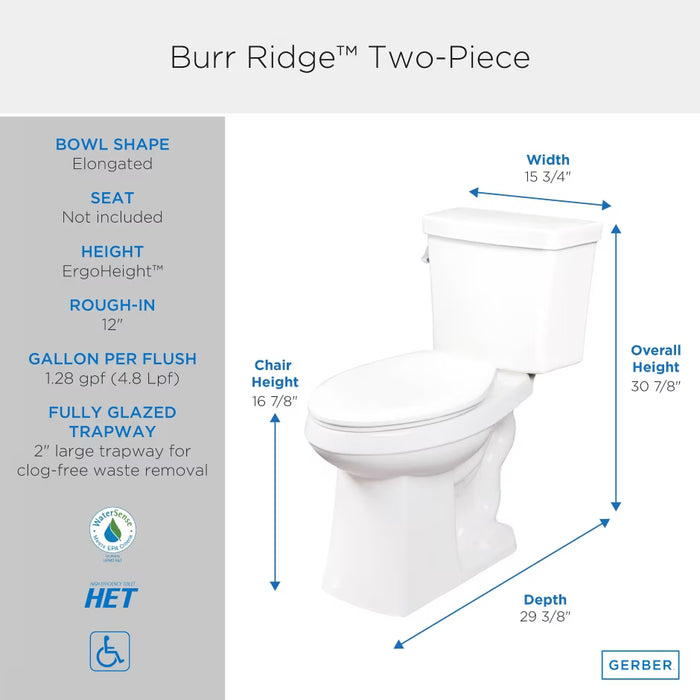Burr Ridge™ 1.28 gpf 12" Rough-In Two-Piece Elongated ErgoHeight™ Toilet