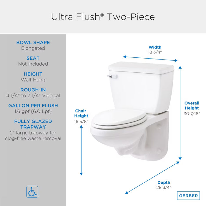 Ultra Flush® 1.6 gpf 4-1/4" Vertical Rough-In Two-Piece Elongated ErgoHeight™ Toilet