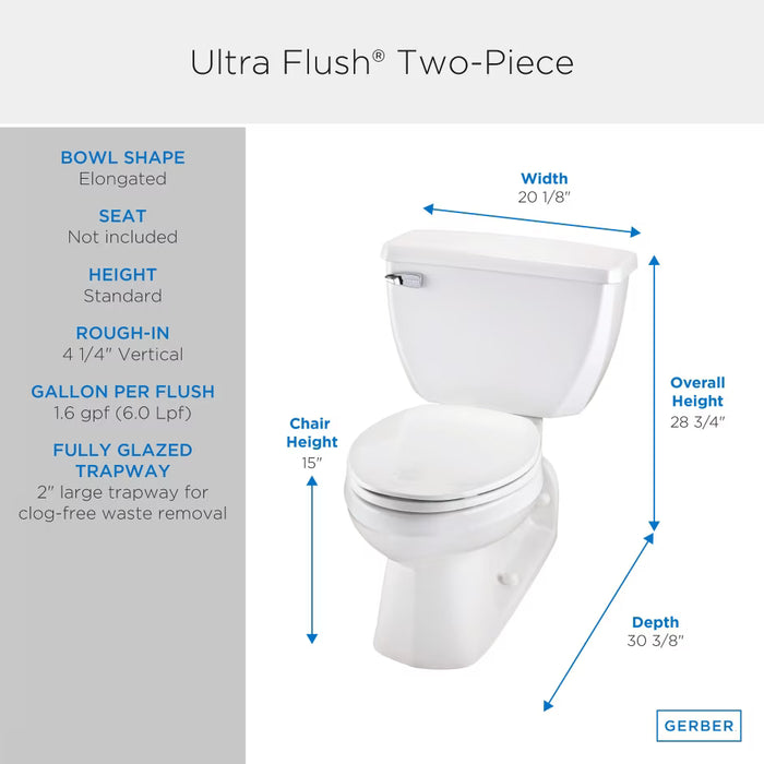 Ultra Flush® 1.6 gpf 4 1/4" Vertical Rough-In Two-Piece Back Outlet Elongated Toilet