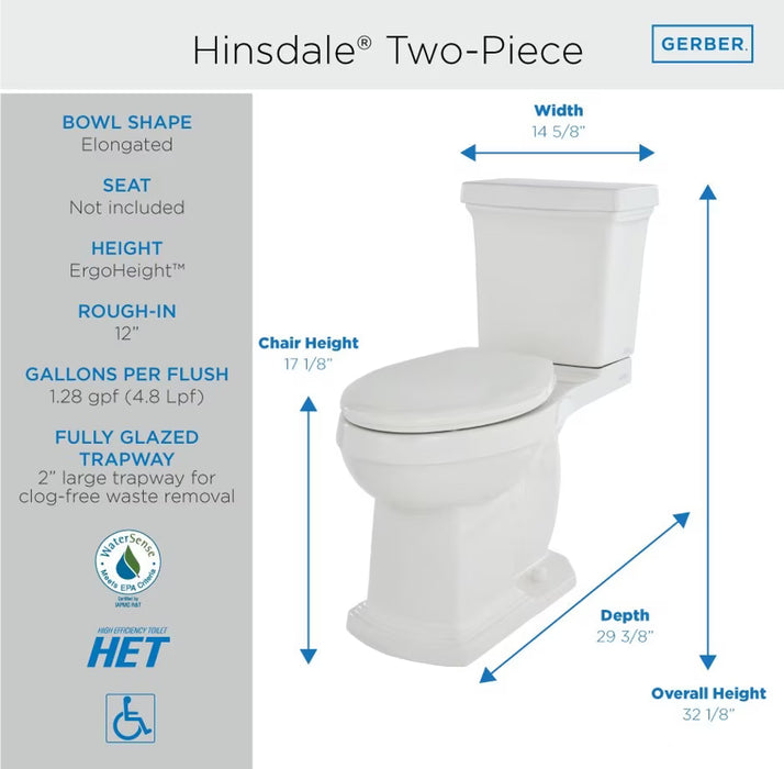 Hinsdale® 1.28 gpf 12" Rough-In Two-Piece Elongated ErgoHeight™ Toilet