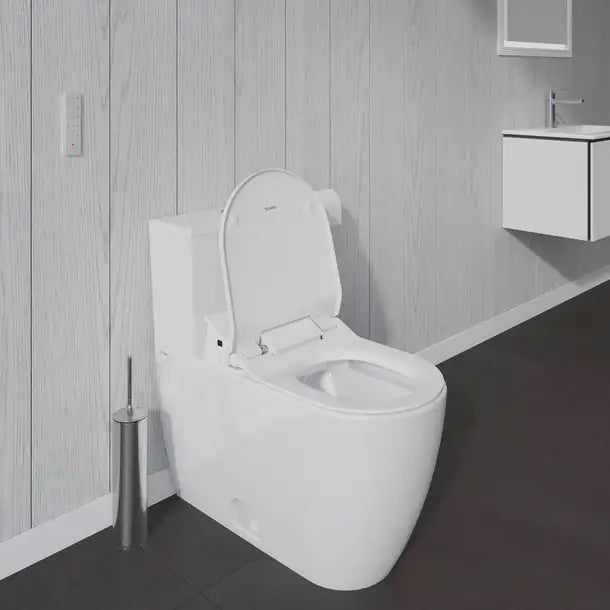 Duravit-ME by Starck Two Piece Toilet, Elongated  0.92/1.32 GPF, with Slow Close, Removable Seat, Trip lever placement: Top, White High Gloss