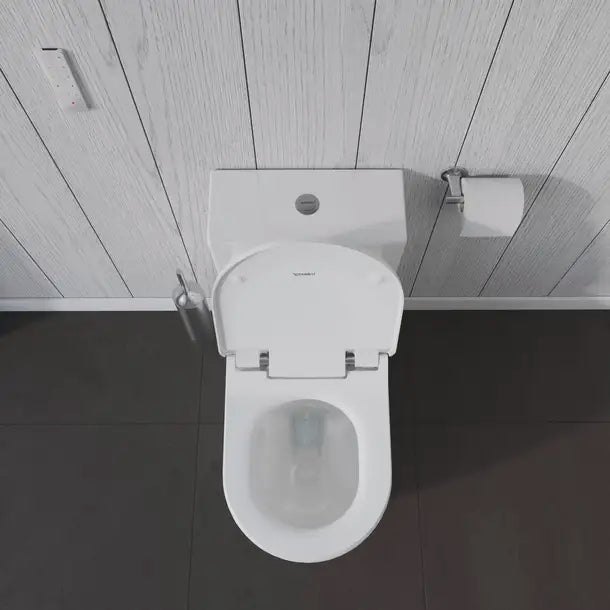 Duravit-ME by Starck Two Piece Toilet, Elongated  0.92/1.32 GPF, with Slow Close, Removable Seat, Trip lever placement: Top, White High Gloss