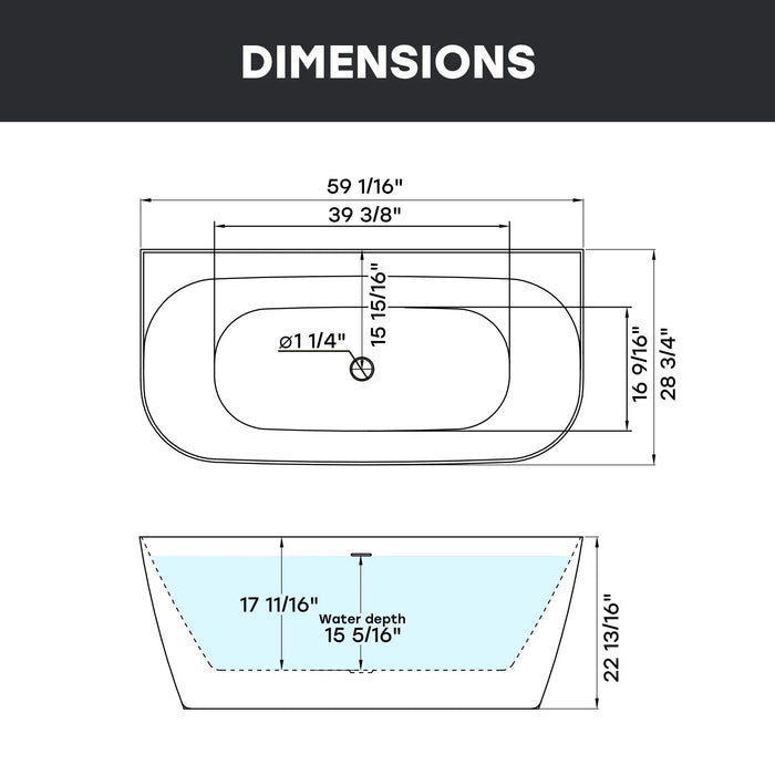 59 Inch Acrylic Back to Wall Tub with Faucet and Shower Head Model SU59-MB