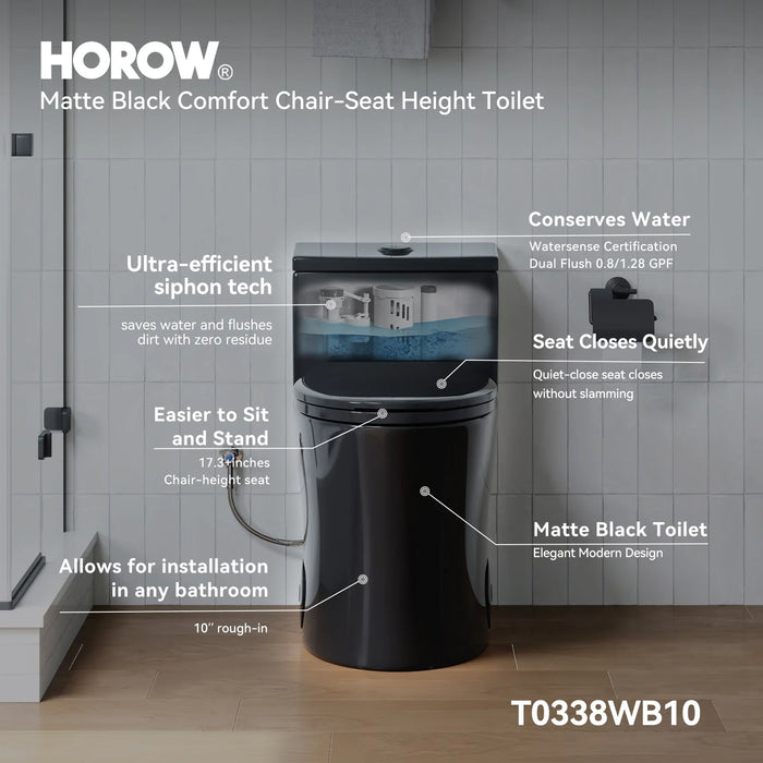 HOROW 10 Inch Rough In Toilet Black One Piece Toilet Model T0338B-10
