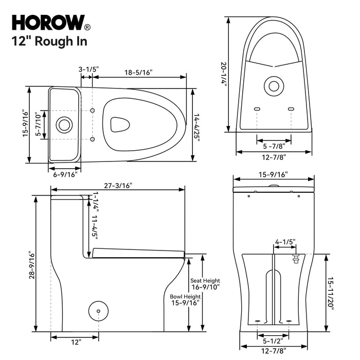 HOROW Dual Flush One Piece Toilet with Built in Child Seat and Rimless Bowl Model T0356W