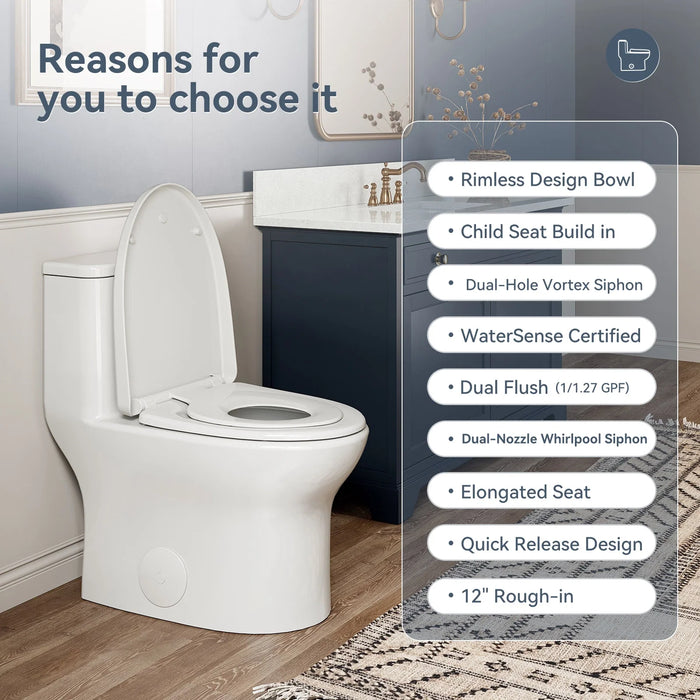 HOROW Dual Flush One Piece Toilet with Built in Child Seat and Rimless Bowl Model T0356W