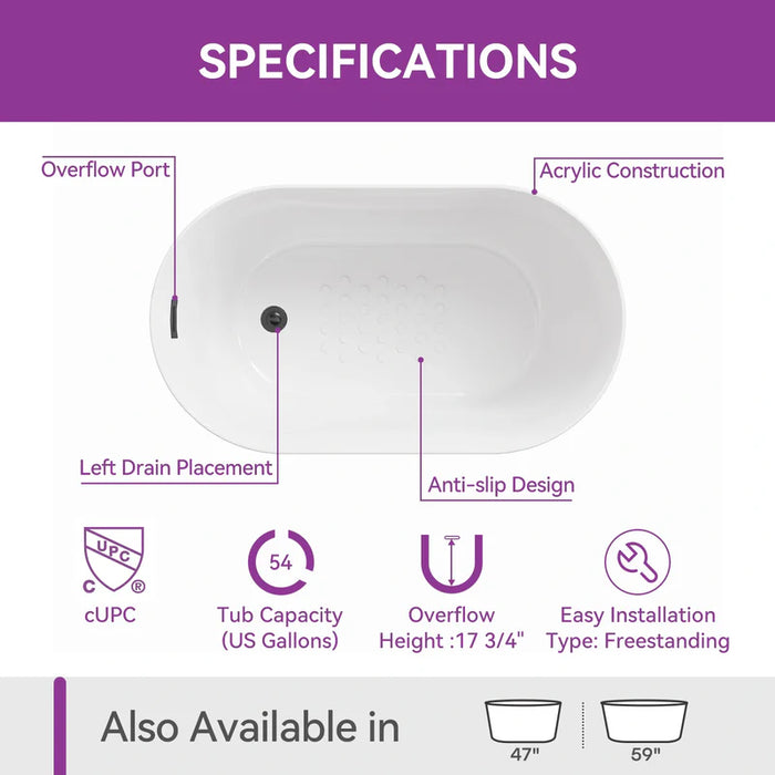 HOROW TU47-MBN-A 47 Inches Acrylic Freestanding Tub with Black Hardware